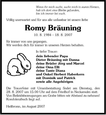 Traueranzeige von Romy Bräuning 