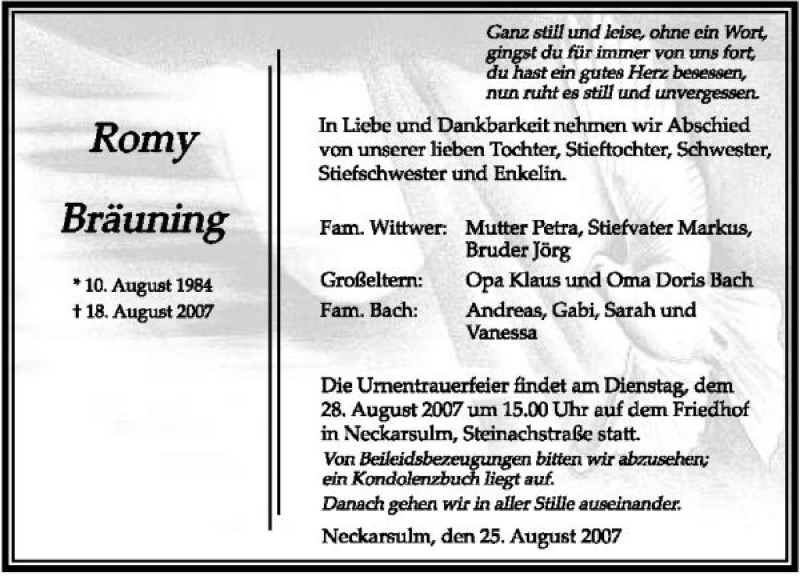 Traueranzeige für Romy Bräuning vom 25.08.2007 aus 
