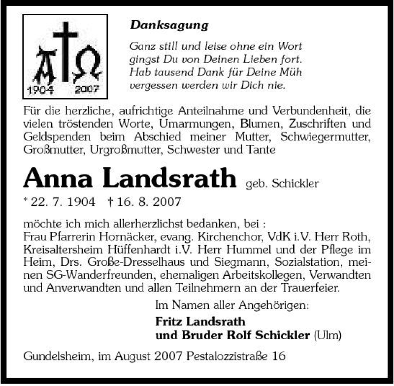  Traueranzeige für Anna Landsrath vom 25.08.2007 aus 