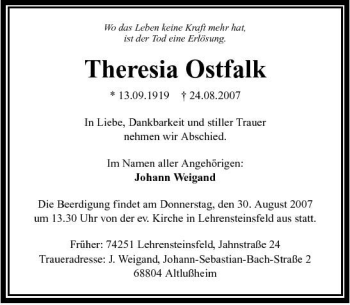 Traueranzeige von Theresia Ostfalk 