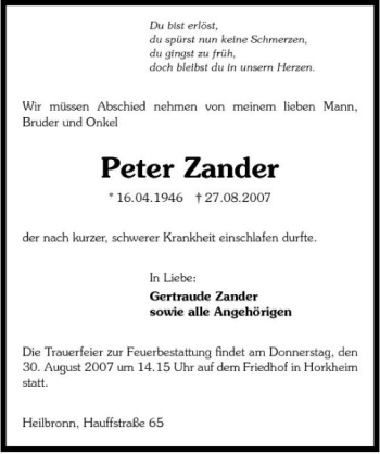 Traueranzeige von Peter Zander 