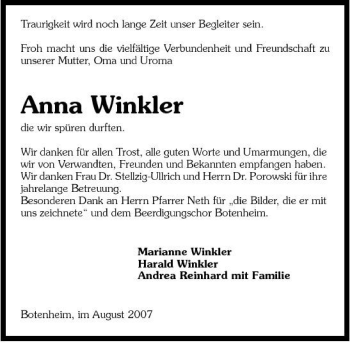 Traueranzeige von Anna Winkler 