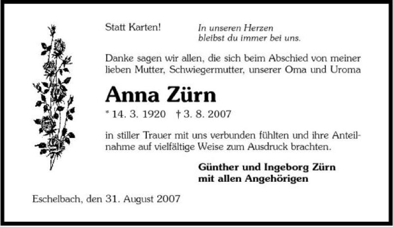  Traueranzeige für Anna Zürn vom 31.08.2007 aus 