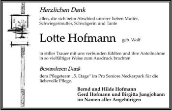 Traueranzeige von Lotte Hofmann 
