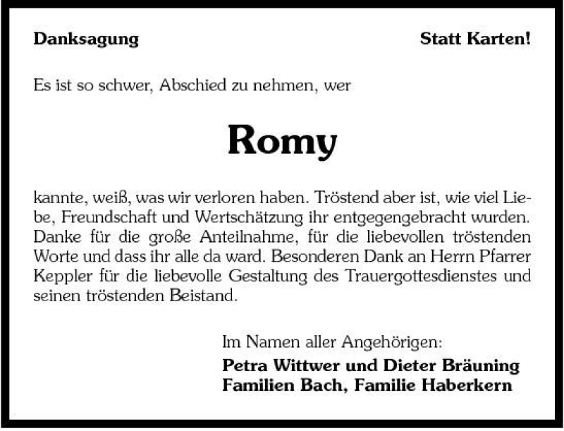 Traueranzeige für Romy Romy vom 08.09.2007 aus 