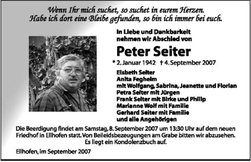  Traueranzeige für Peter Seiter vom 06.09.2007 aus 