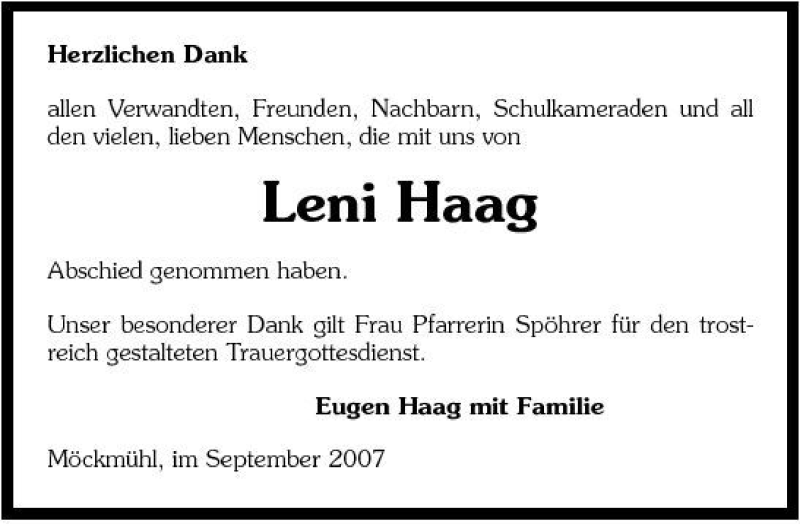  Traueranzeige für Leni Haag vom 07.09.2007 aus 