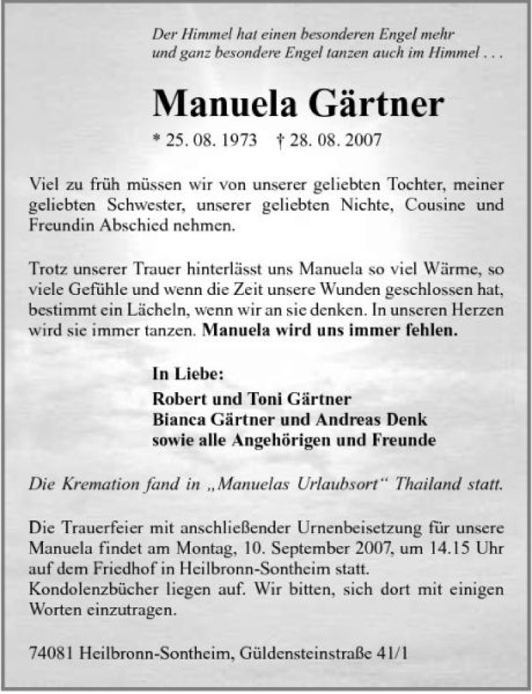  Traueranzeige für Manuela Gärtner vom 06.09.2007 aus 
