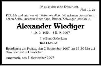 Traueranzeige von Alexander Wiediger 
