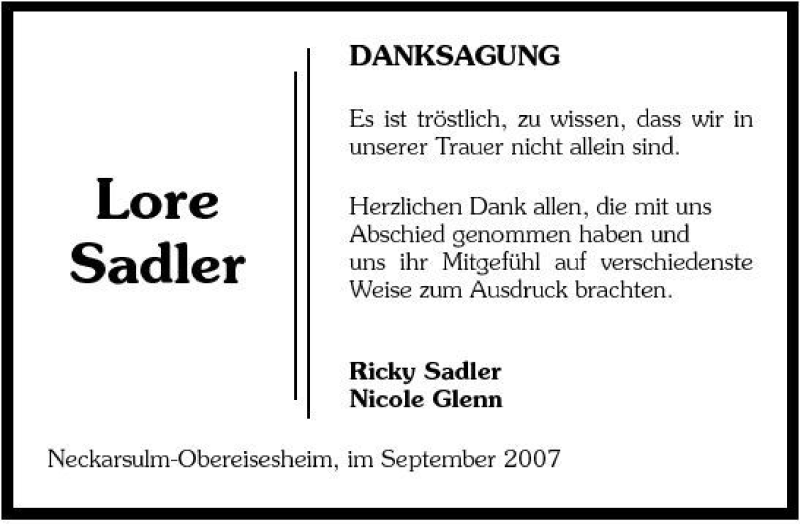  Traueranzeige für Lore Sadler vom 11.09.2007 aus 