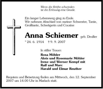 Traueranzeige von Anna Schiemer 