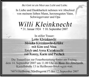 Traueranzeige von Willi Kleinknecht 