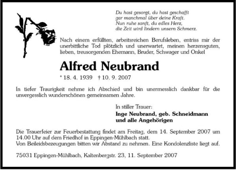  Traueranzeige für Alfred Neubrand vom 12.09.2007 aus 