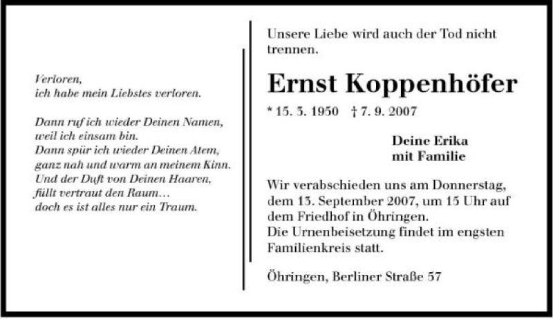  Traueranzeige für Ernst Koppenhöfer vom 12.09.2007 aus 