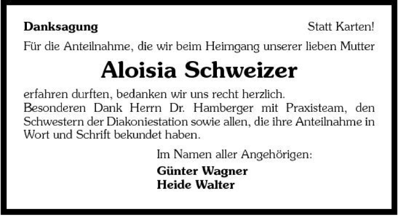  Traueranzeige für Aloisia Schweizer vom 13.09.2007 aus 