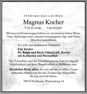 Traueranzeige von Magnus Kocher 