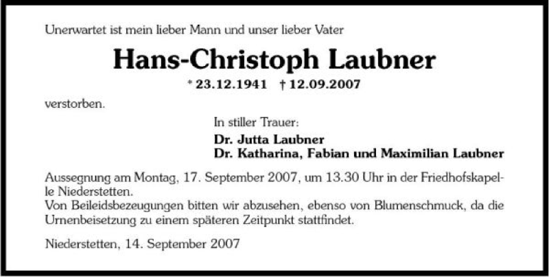  Traueranzeige für Hans-Christoph Laubner vom 14.09.2007 aus 