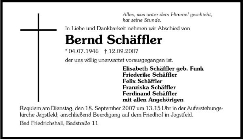  Traueranzeige für Bernd Schäffler vom 15.09.2007 aus 
