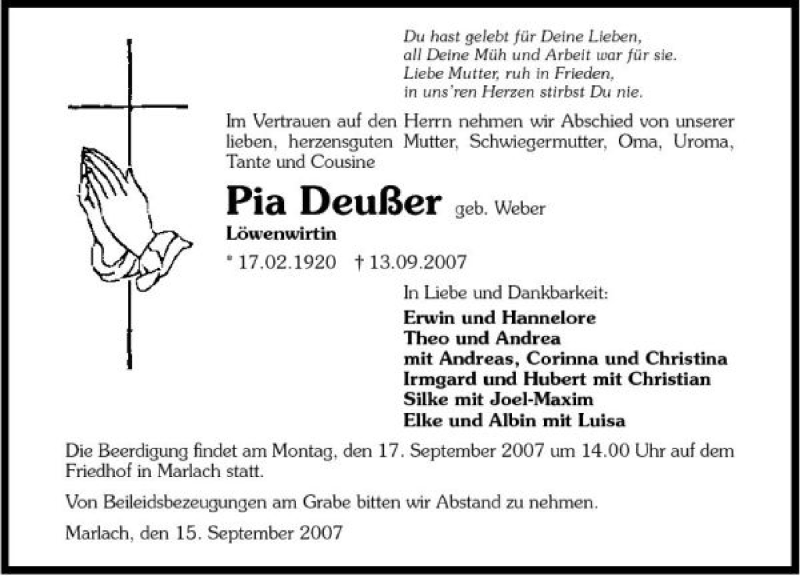  Traueranzeige für Pia Deußer vom 15.09.2007 aus 