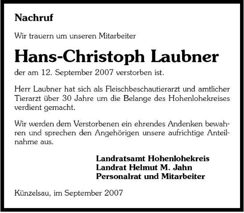  Traueranzeige für Hans-Christoph Laubner vom 19.09.2007 aus 