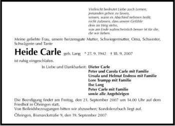 Traueranzeige von Heide Carle 