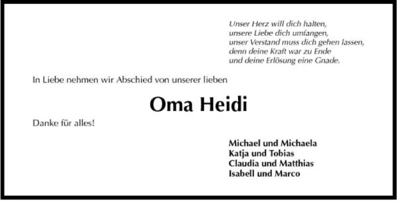  Traueranzeige für Heide Carle vom 19.09.2007 aus 