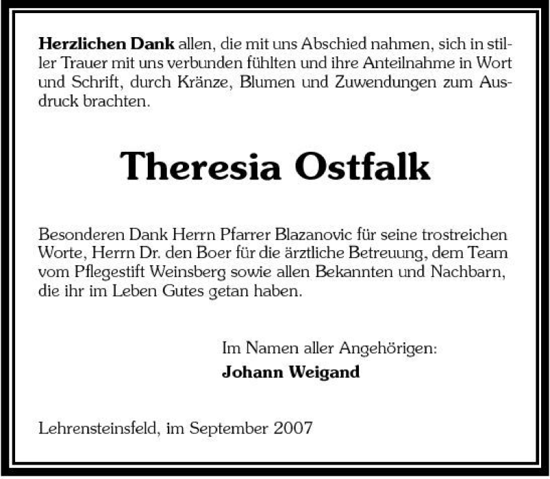  Traueranzeige für Theresia Ostfalk vom 22.09.2007 aus 