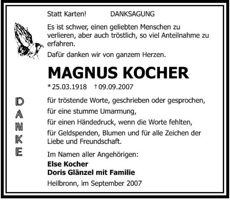  Traueranzeige für Magnus Kocher vom 22.09.2007 aus 