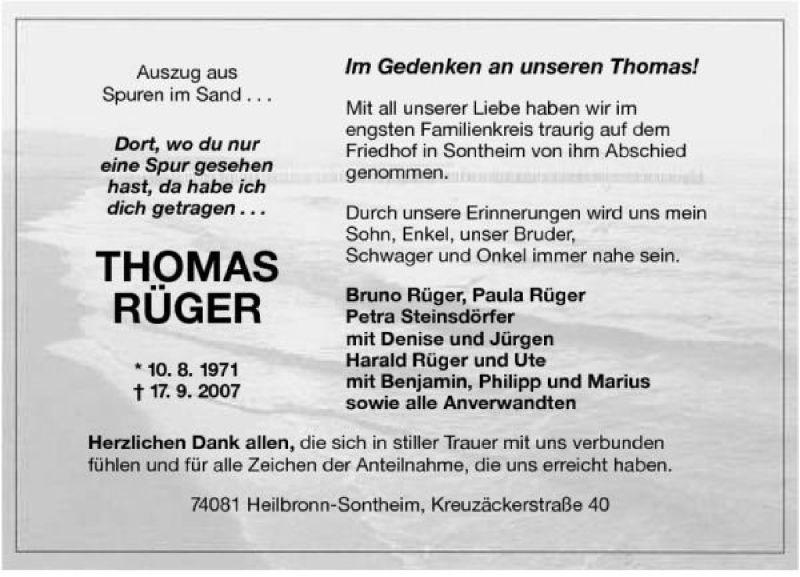  Traueranzeige für Thomas Rüger vom 25.09.2007 aus 