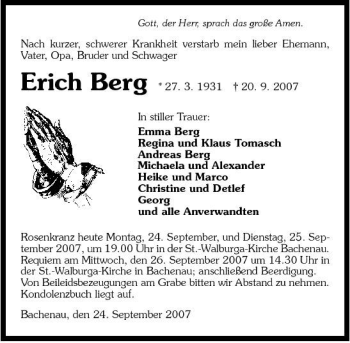 Traueranzeige von Berg Erich 