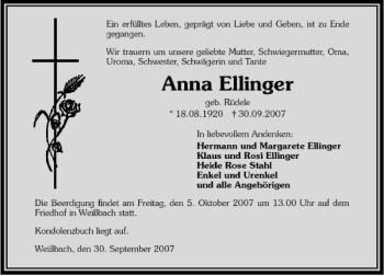 Traueranzeige von Anna Ellinger 