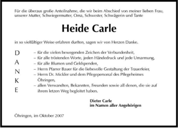 Traueranzeige von Heide Carle 