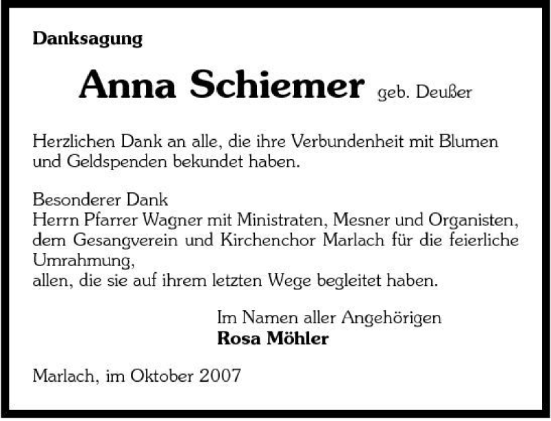  Traueranzeige für Anna Schiemer vom 10.10.2007 aus 