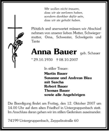 Traueranzeige von Anna Bauer 