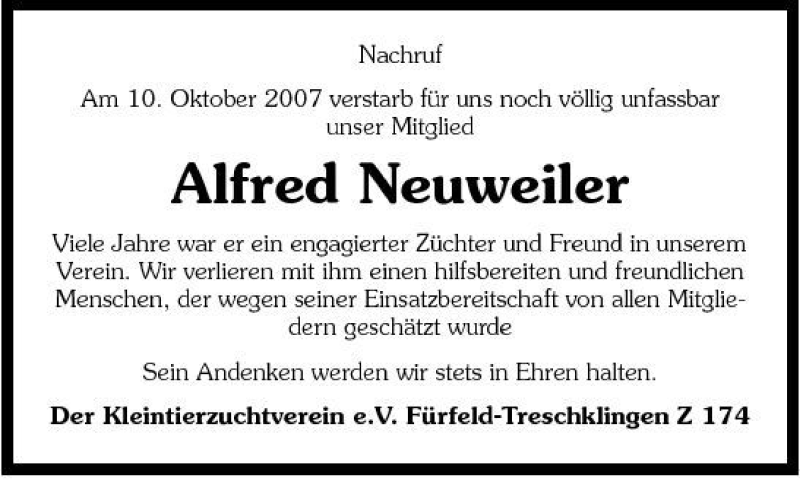  Traueranzeige für Alfred Neuweiler vom 13.10.2007 aus 