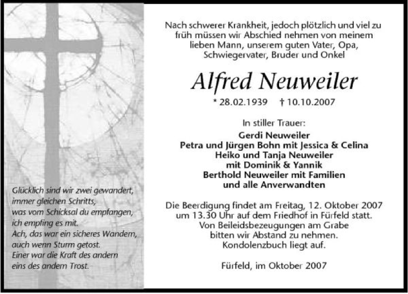  Traueranzeige für Alfred Neuweiler vom 12.10.2007 aus 