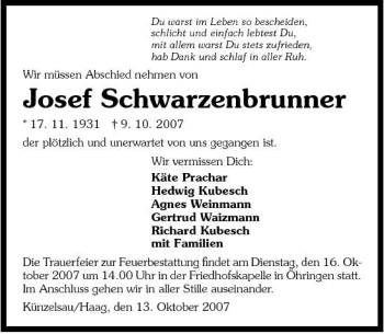 Traueranzeige von Josef Schwarzenbrunner 