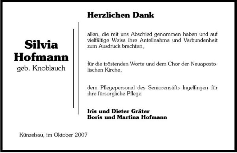  Traueranzeige für Silvia Hofmann vom 17.10.2007 aus 