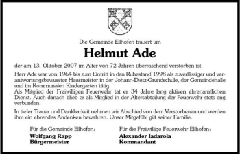 Traueranzeige von Helmut Ade 