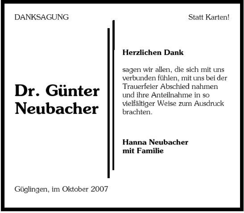  Traueranzeige für Dr. Günter Neubacher vom 18.10.2007 aus 