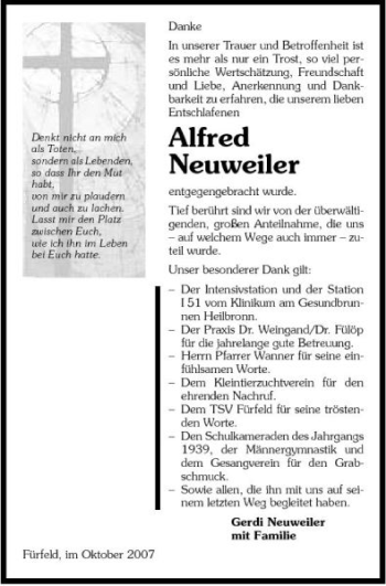 Traueranzeige von Alfred Neuweiler 