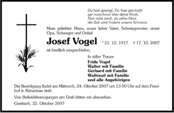 Traueranzeige von Josef Vogel 
