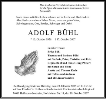 Traueranzeige von Adolf Bühl 