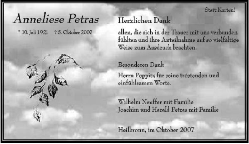 Traueranzeige für Anneliese Petras vom 20.10.2007 aus 