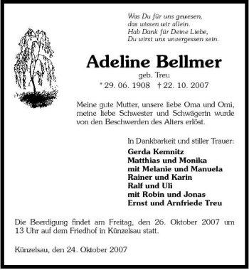 Traueranzeige von Adeline Bellmer 