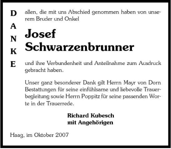 Traueranzeige von Josef Schwarzenbrunner 