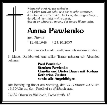 Traueranzeige von Anna Pawlenko 