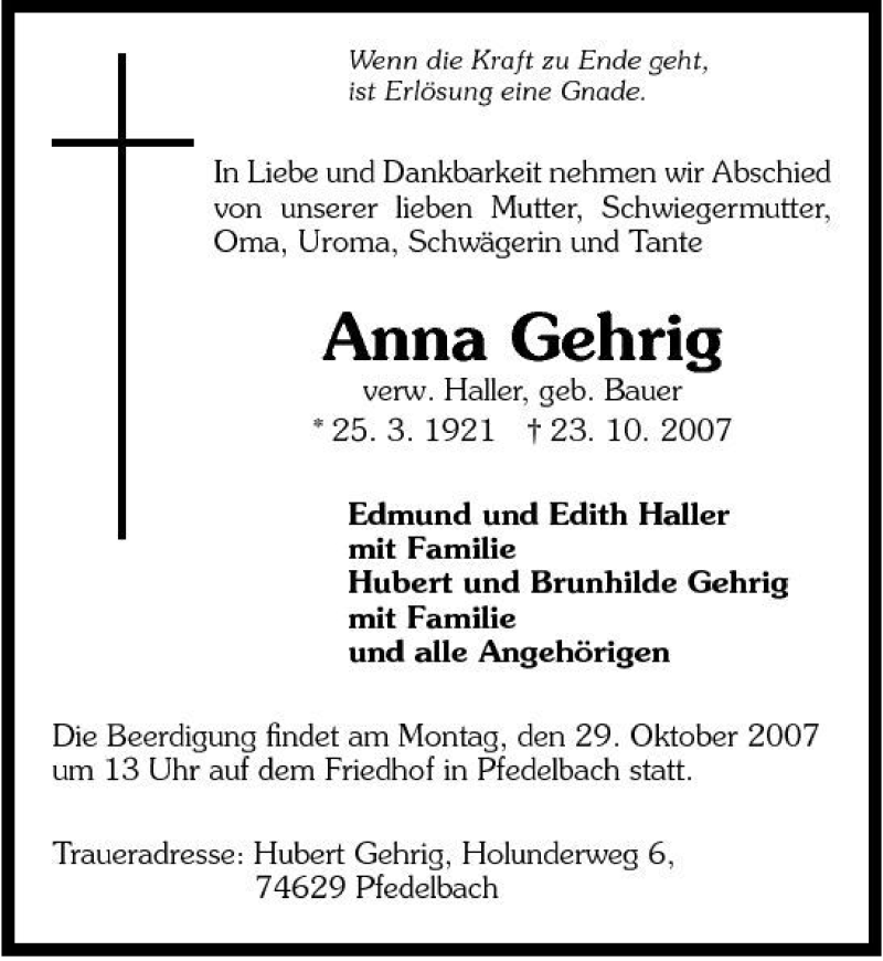  Traueranzeige für Anna Gehrig vom 25.10.2007 aus 