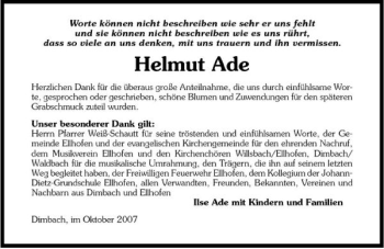 Traueranzeige von Helmut Ade 