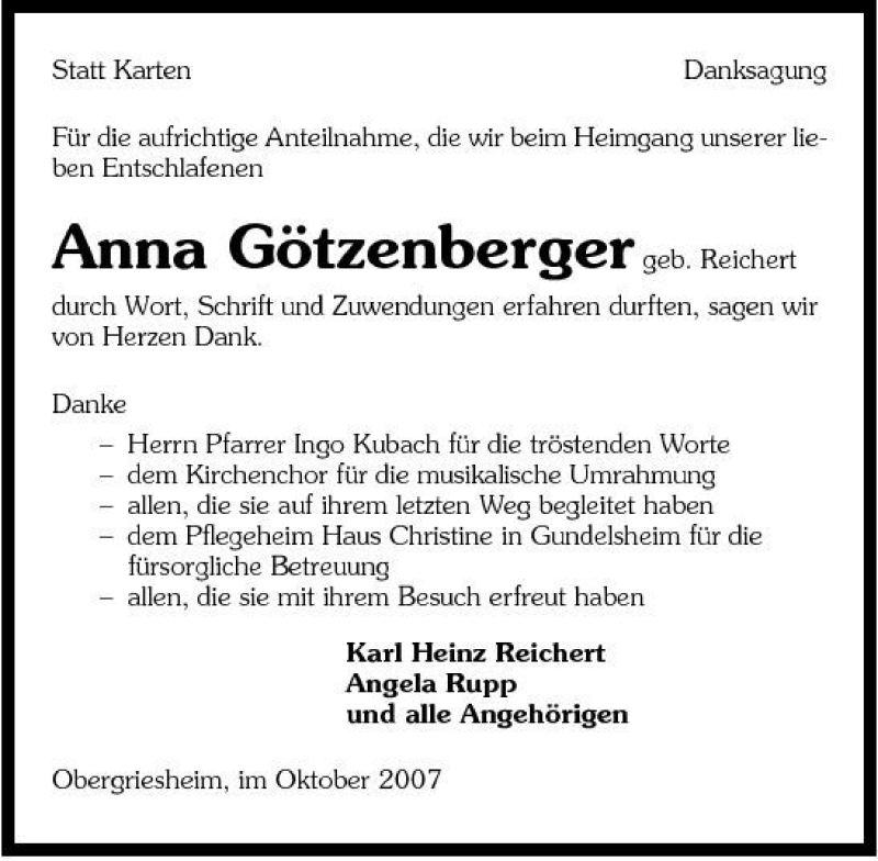  Traueranzeige für Anna Götzenberger vom 31.10.2007 aus 
